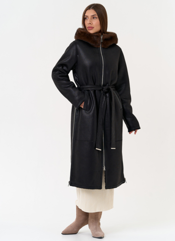 Женская дубленка из эко замши с поясом