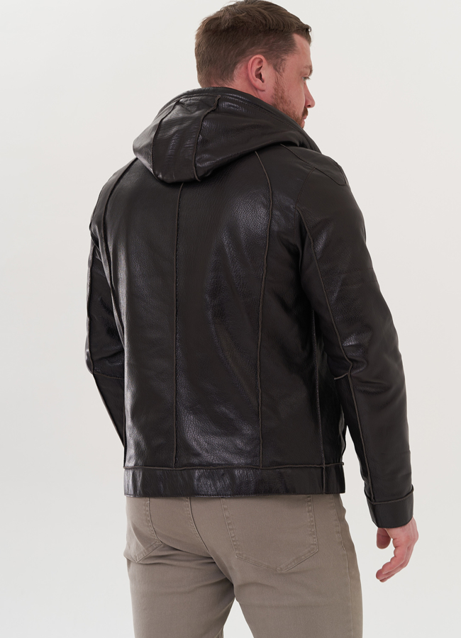 Мужская кожаная куртка с капюшоном модель № 24388 универмаг малина