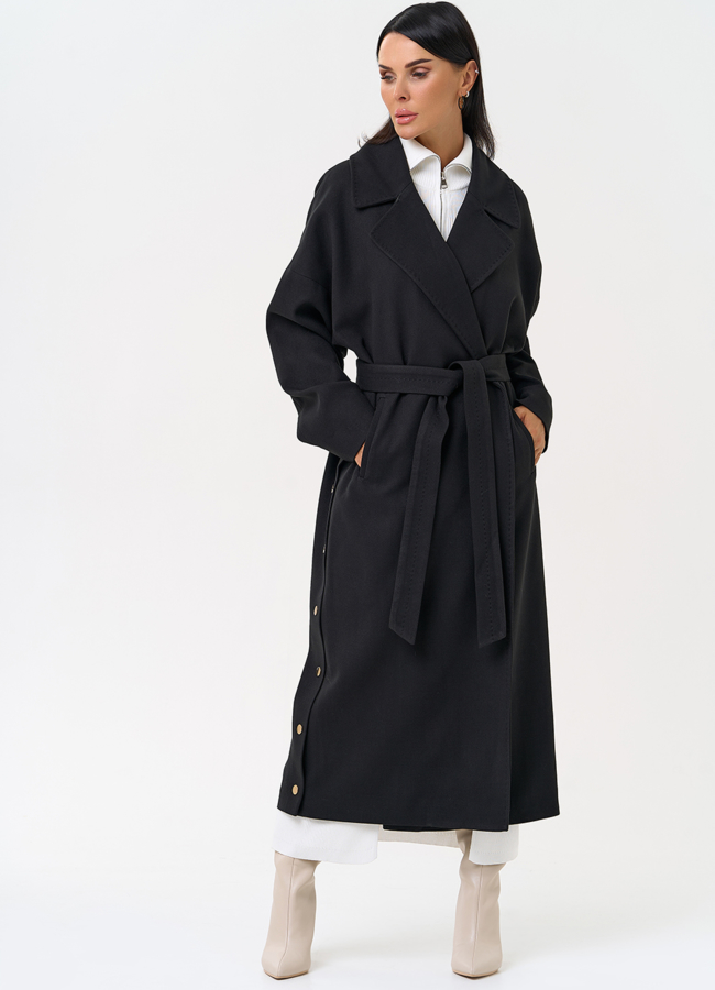 Женское пальто черного цвета с функциональными кнопками модель № 31408 универмаг малина