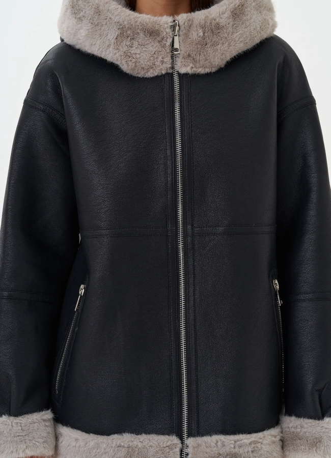 Женская эко дубленка с капюшоном модель № 27760 универмаг малина