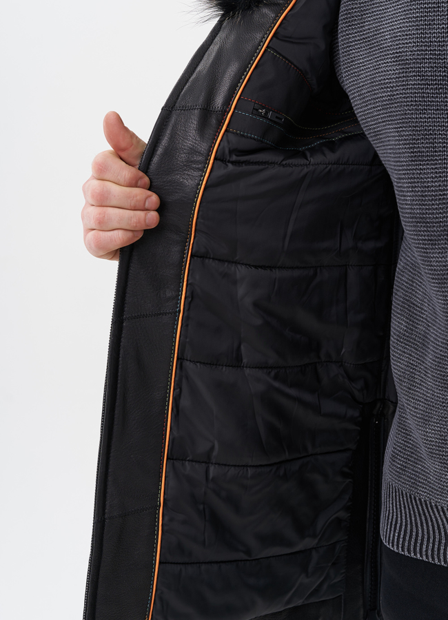 Пуховик из натуральной кожи с отделкой из меха енота модель № 25458 универмаг малина