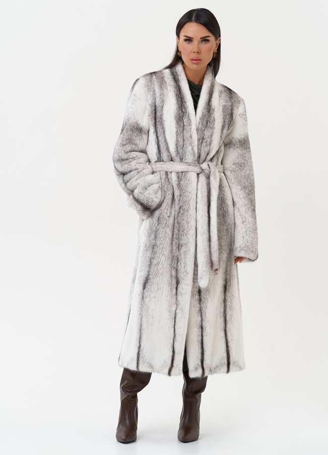 Длинная шуба из норки крестовки модель № 31320 меха малина