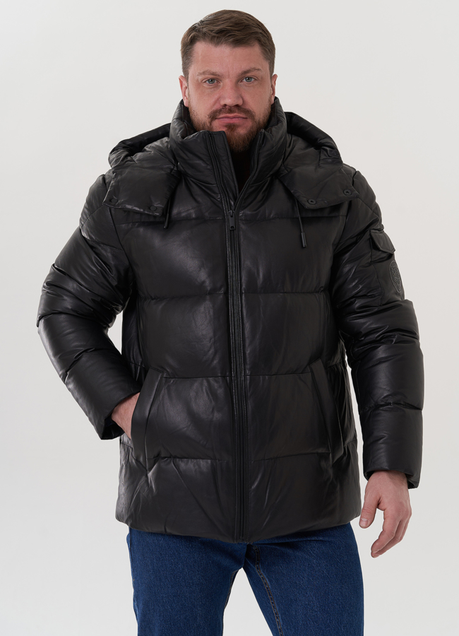 Пуховик из натуральной кожи с капюшоном модель № 25996 в кредит