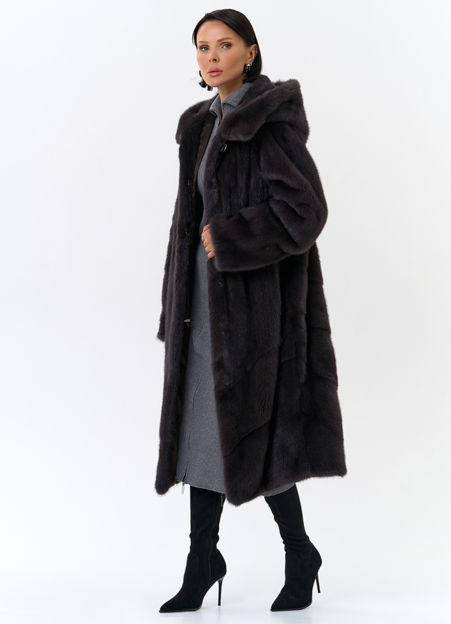 Женская шуба из норки силуэта баллон с капюшоном модель № 24752 универмаг малина