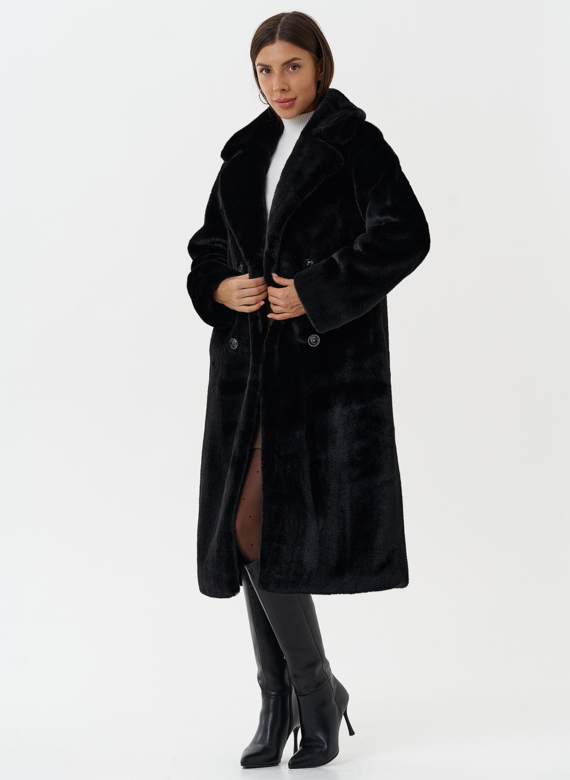 Женское пальто из экомеха с капюшоном
