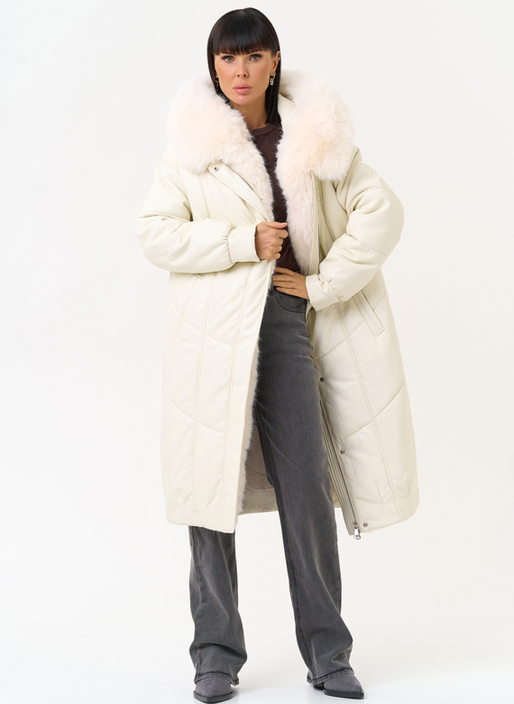 Женский пуховик из эко кожи со съемным эко мехом