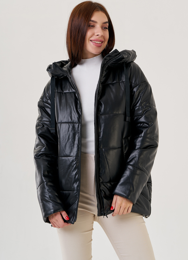 Черный пуховик Malina Siberian из искусственной кожи модель № 79132 универмаг малина