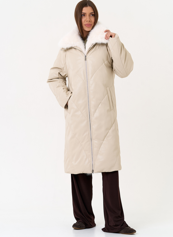 Женский пуховик из эко кожи с отделкой из эко меха