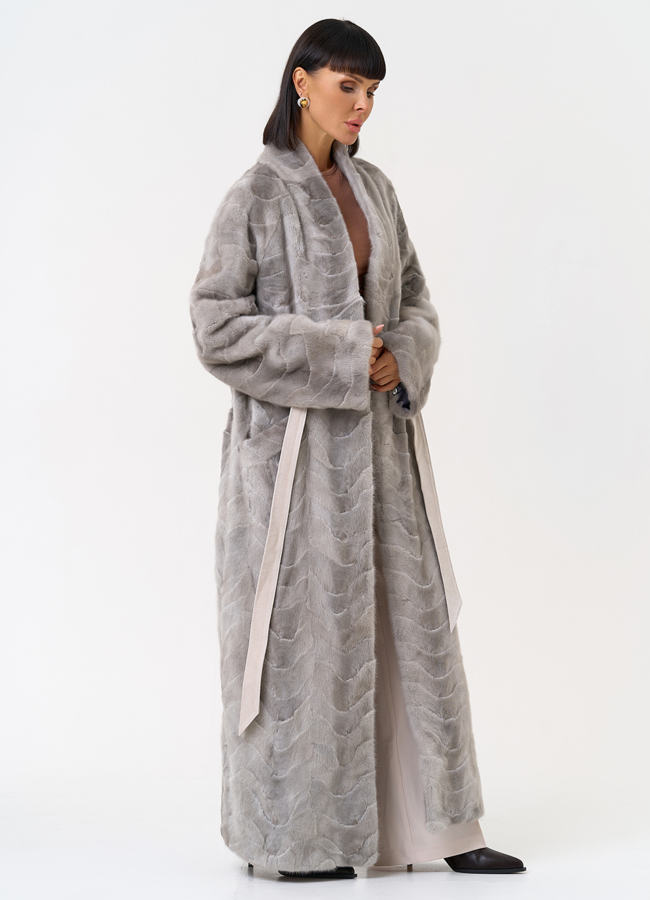 Длинная шуба из меха норки с поясом модель № 31295 универмаг малина