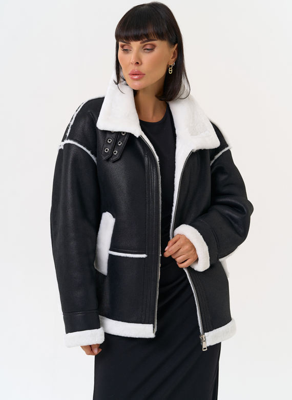 Женская дубленка из эко замши с воротником стойкой