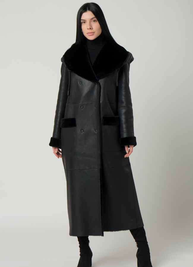 фото Удлиненная женская дубленка с капюшоном модель № 79587