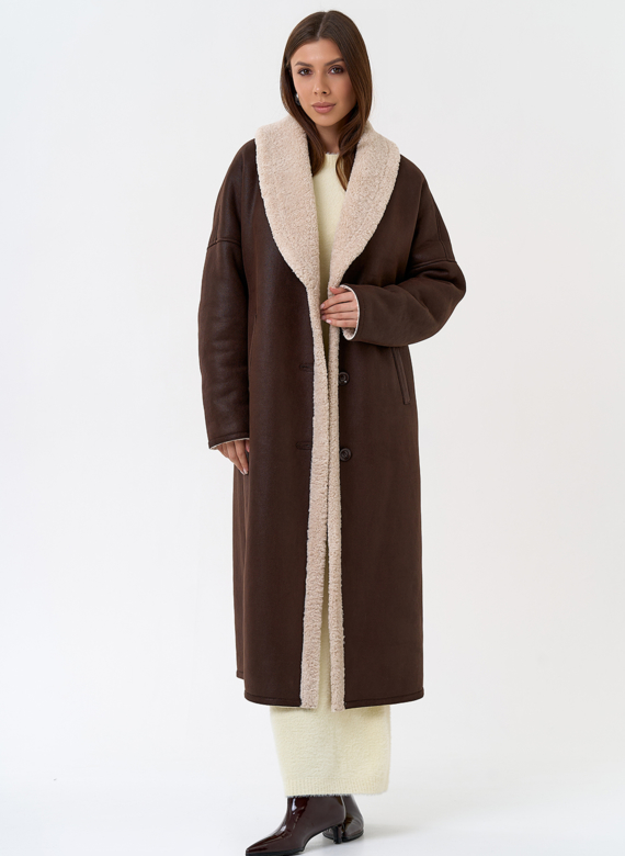 Женская двухсторонняя дубленка из эко замши с воротником шаль