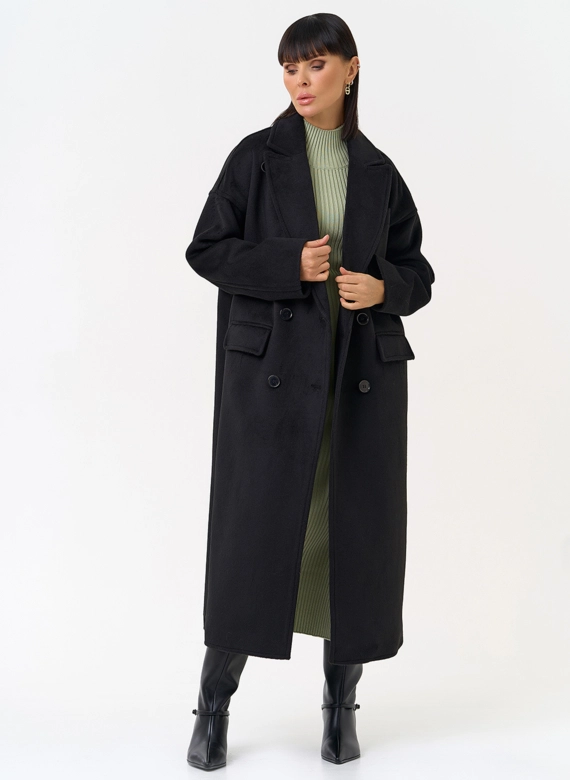 Женское двубортное пальто черного цвета фото