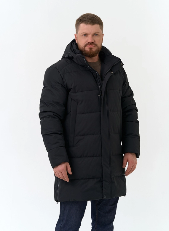 Мужской удлиненный пуховик с капюшоном фото