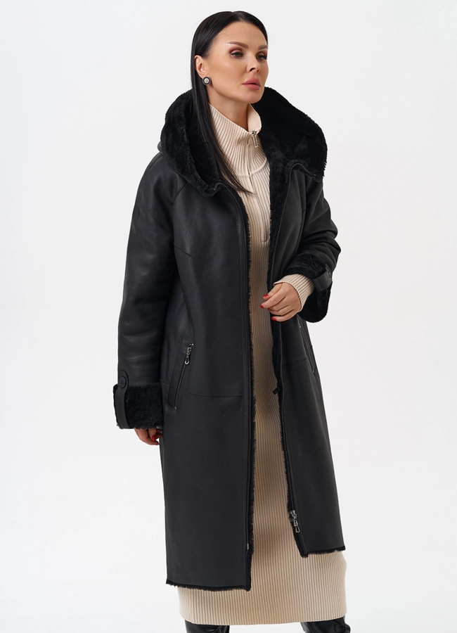 Натуральная дубленка с капюшоном модель № 28956 универмаг малина