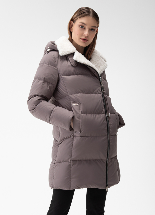 Комбинированный женский пуховик с капюшоном модель № 28877 в кредит