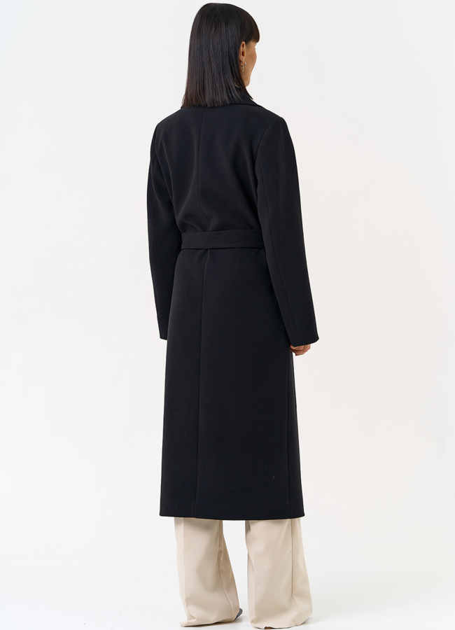 Женское пальто черного цвета с поясом модель № 31560 в кредит